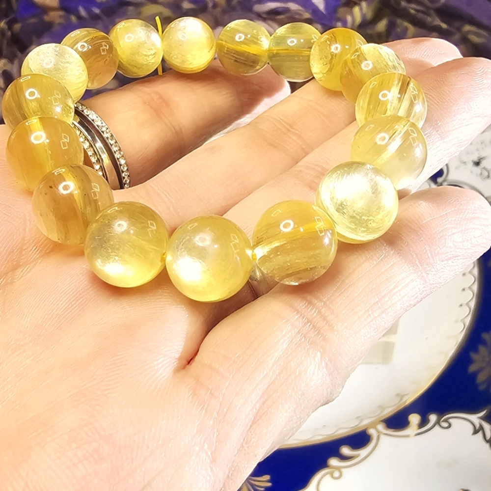 Golden Mica 12 mm Stone Bead Stretchy Bracelet - Picture 2 of 3